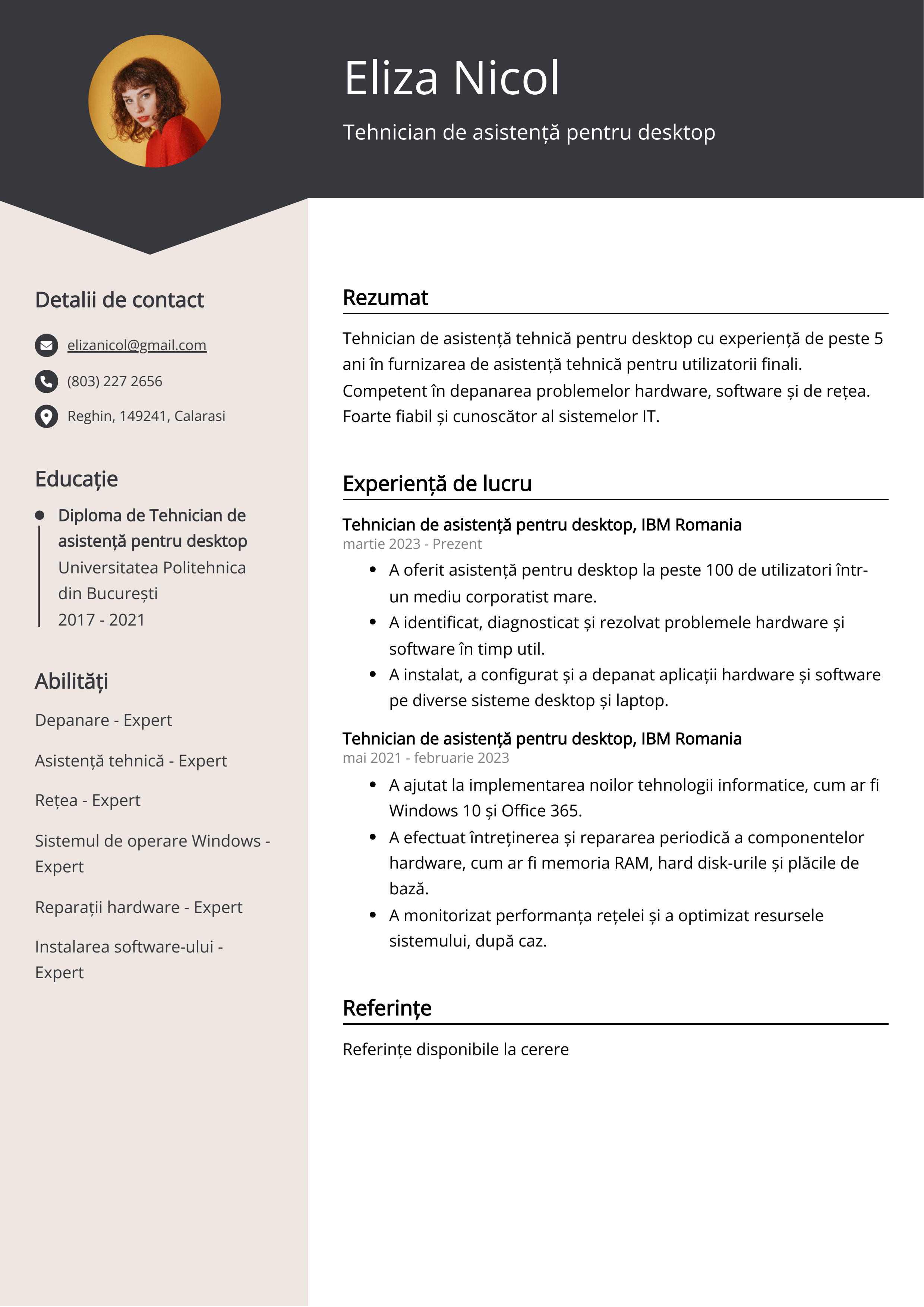 Tehnician de asistență pentru desktop Resume Example