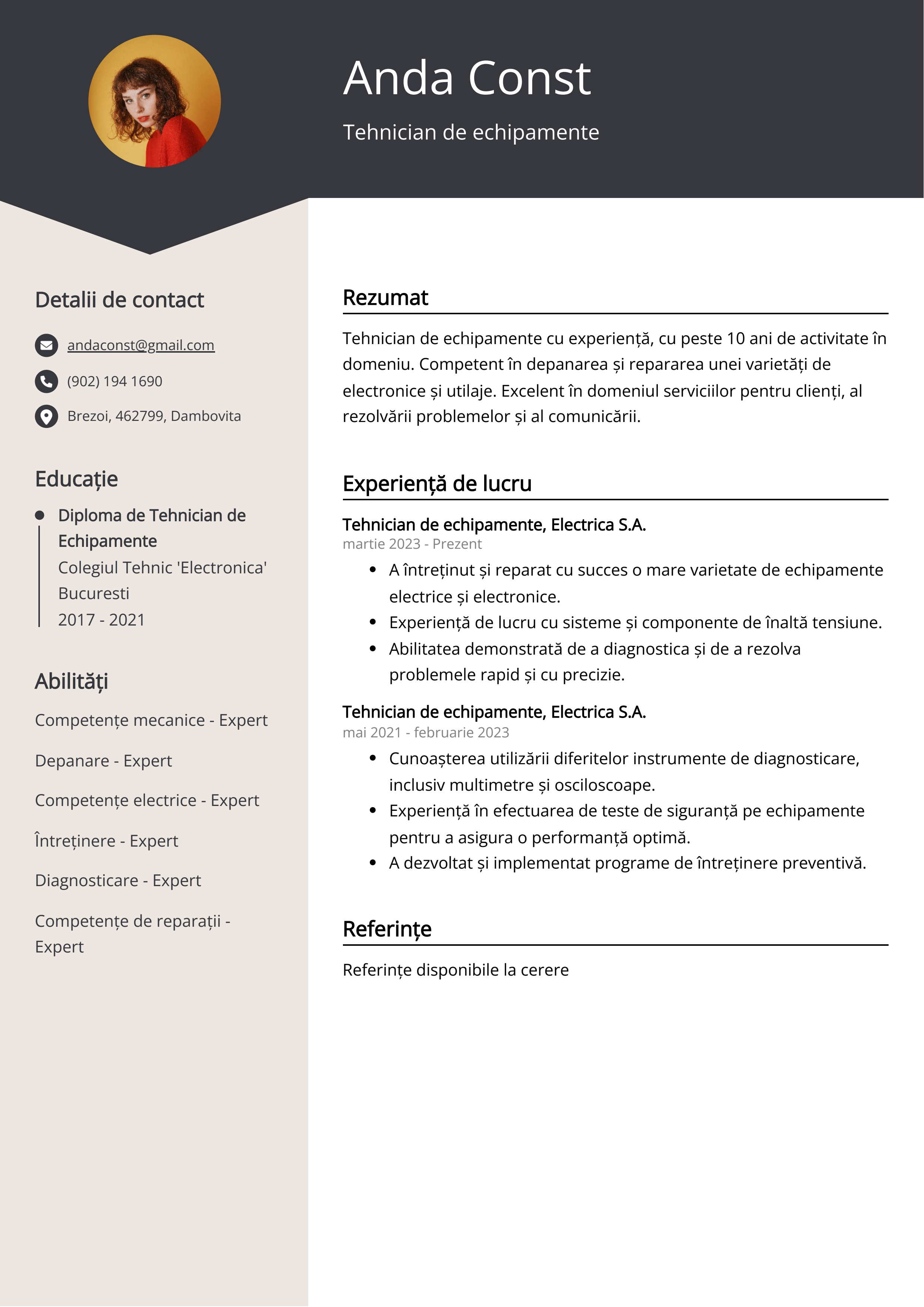 Tehnician de echipamente Exemplu de CV