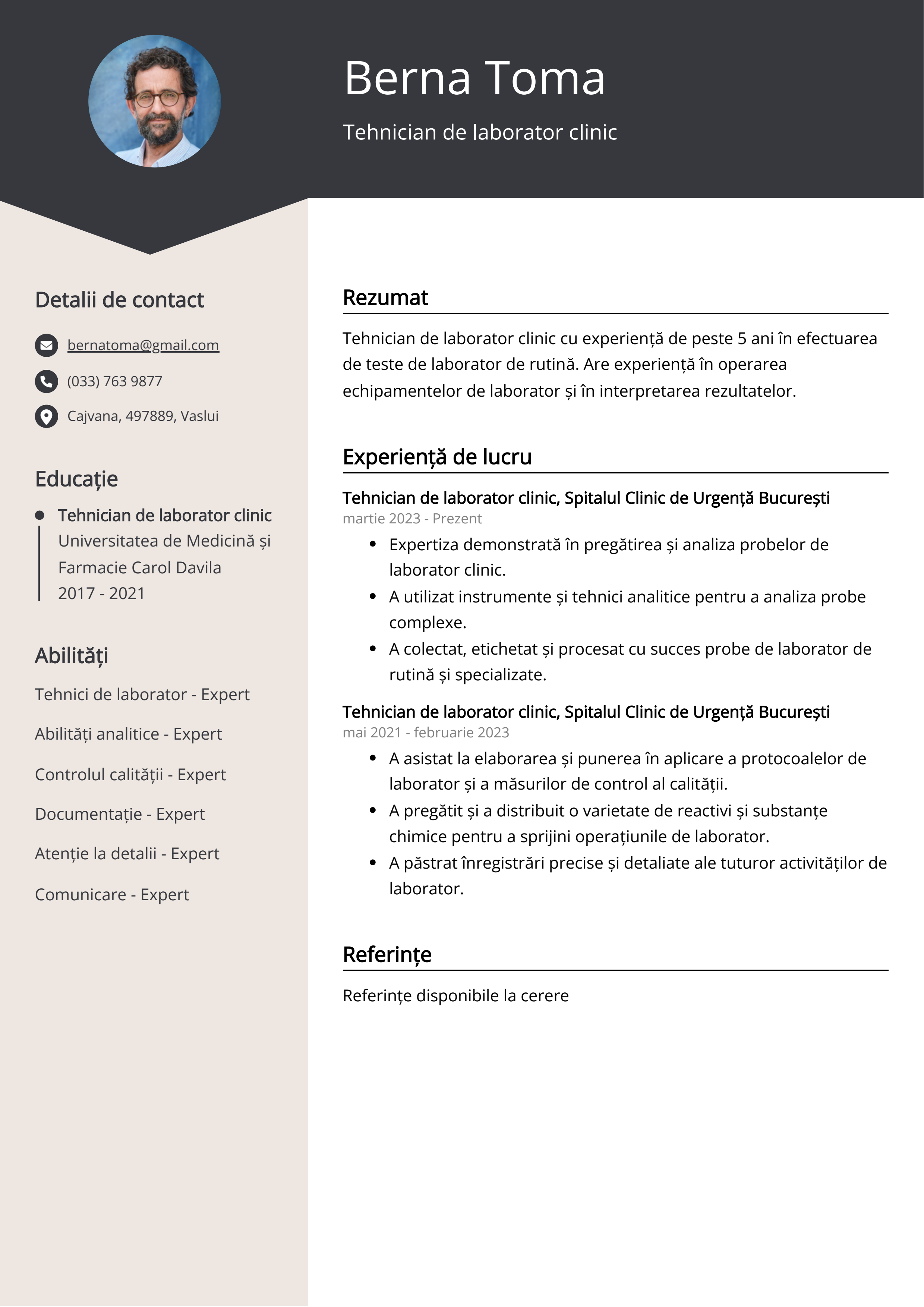 Tehnician de laborator clinică Exemplu de CV