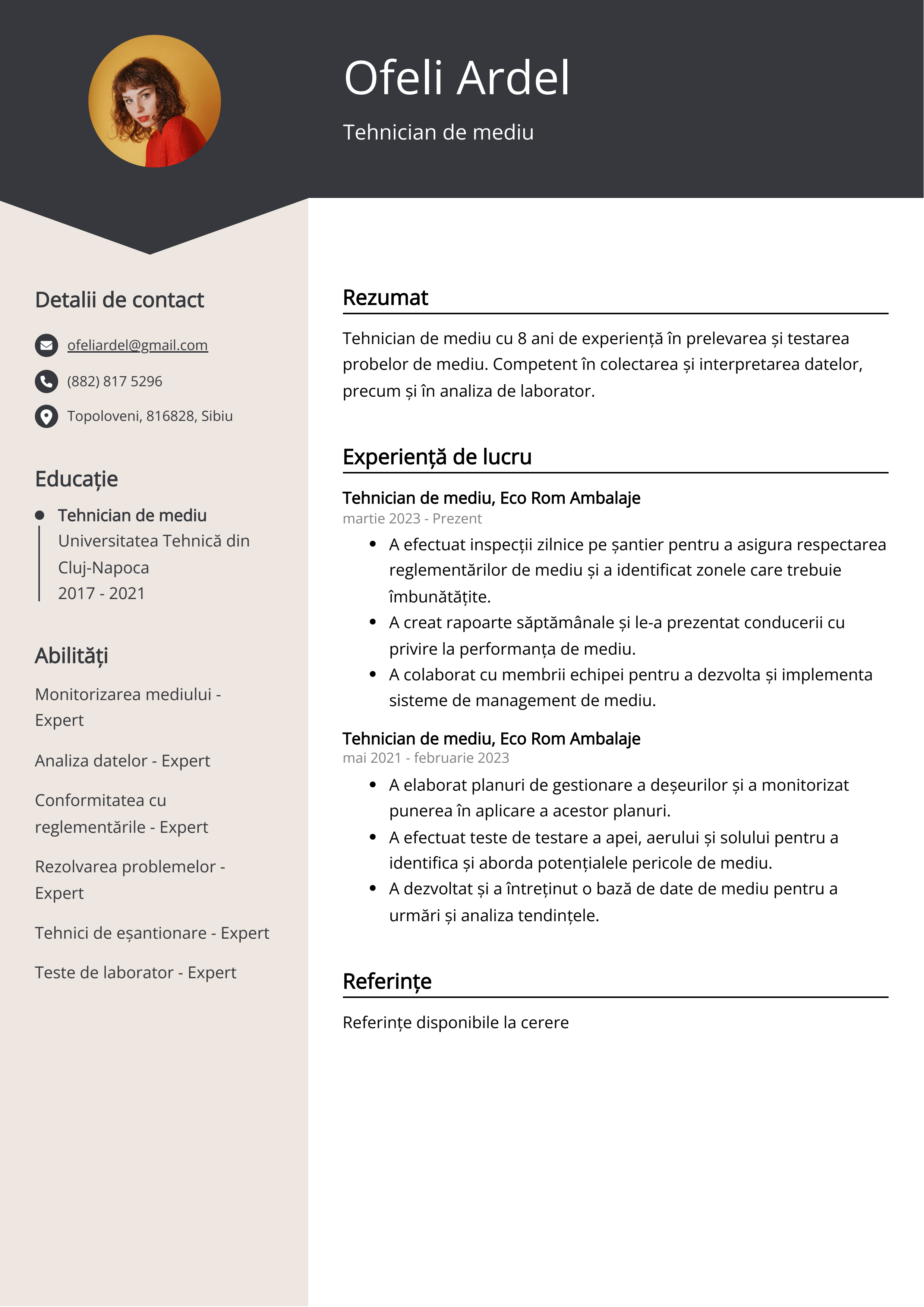 Tehnician de mediu Resume Example