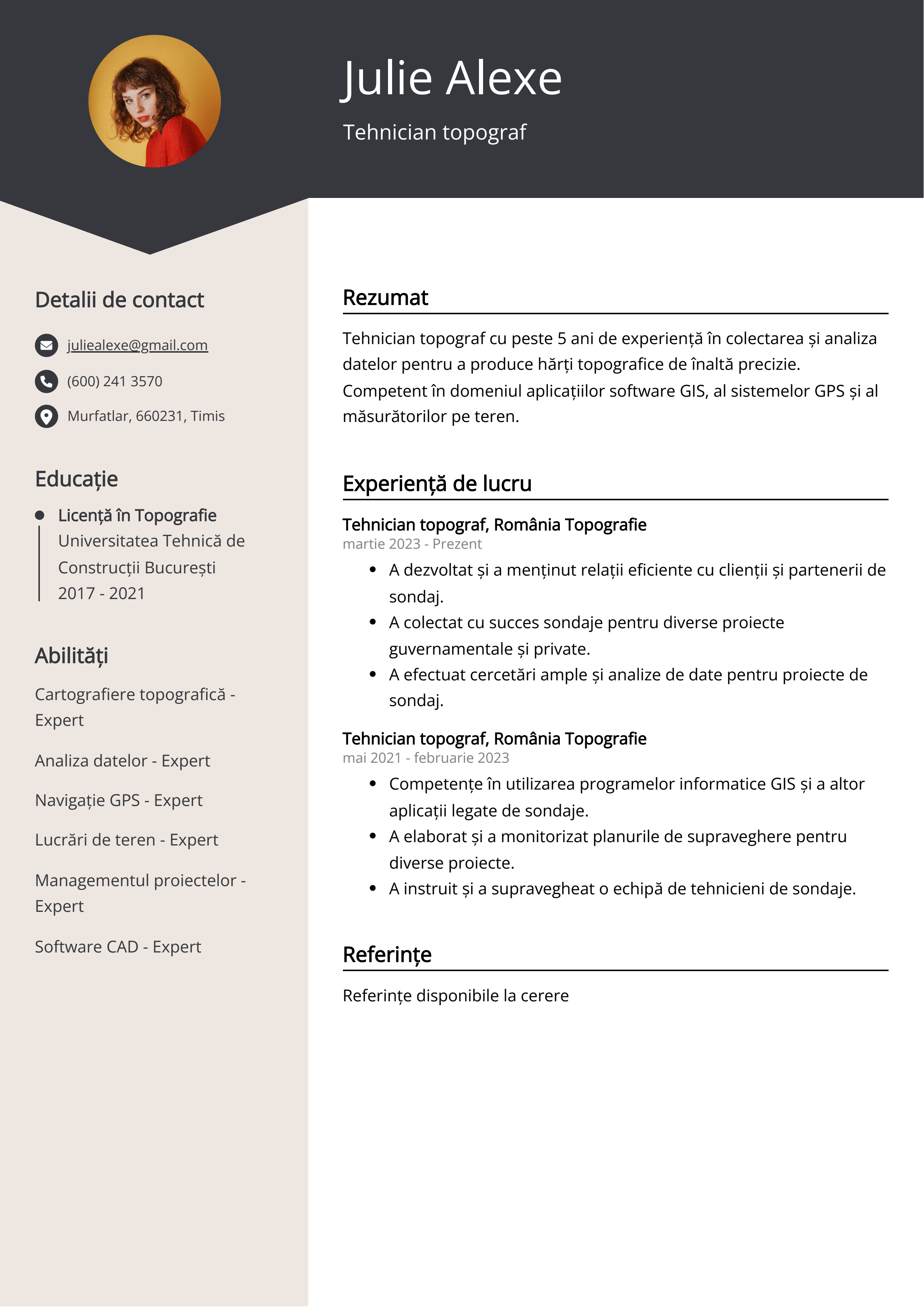 Tehnician topograf Exemplu de CV