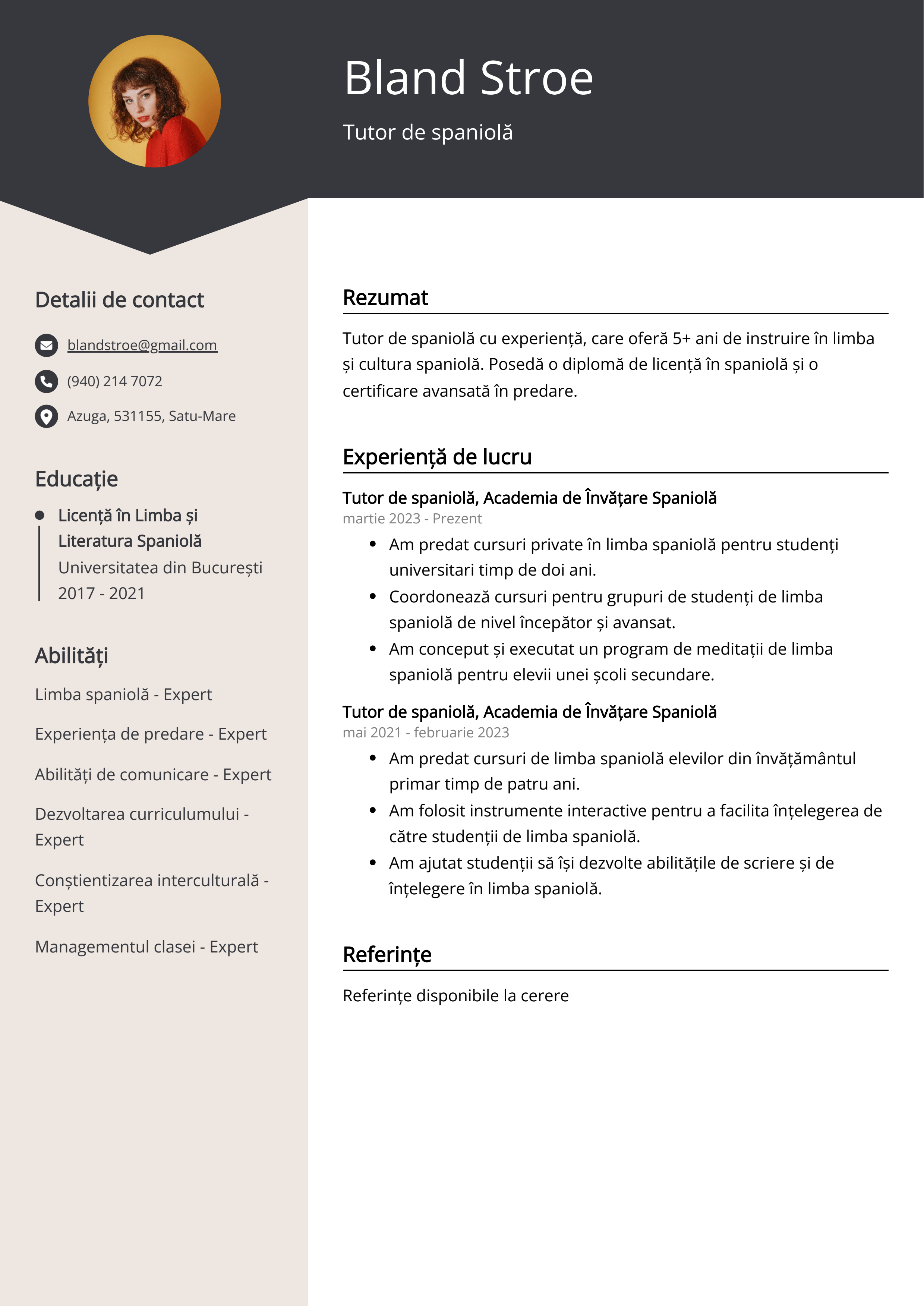 Tutor de spaniolă Exemplu de CV