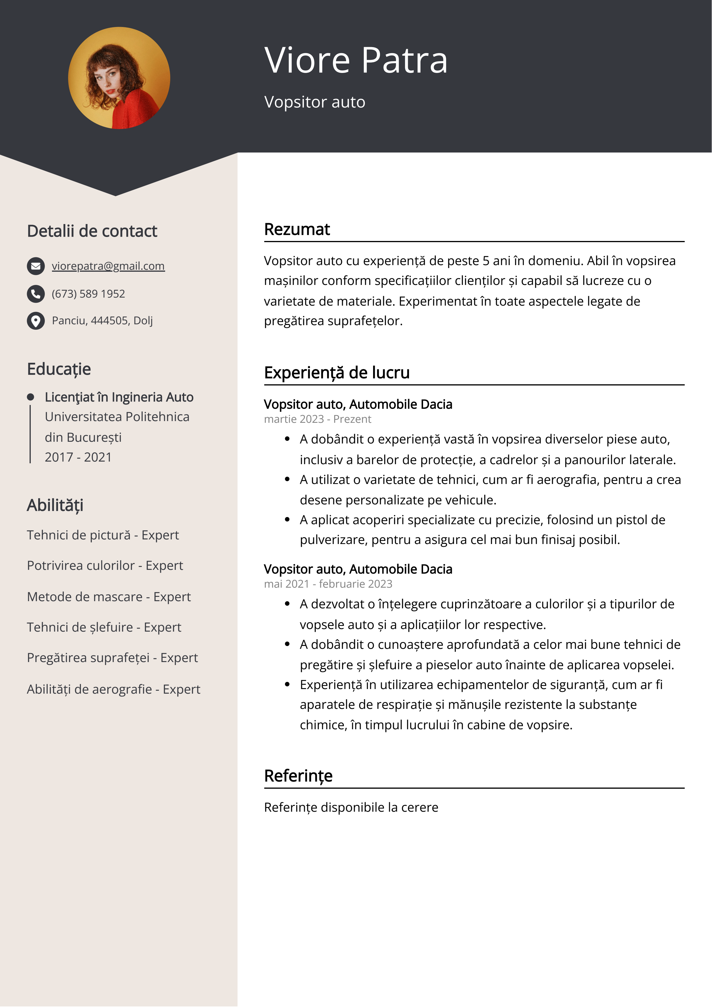 Exemplu de CV Vopsitor auto