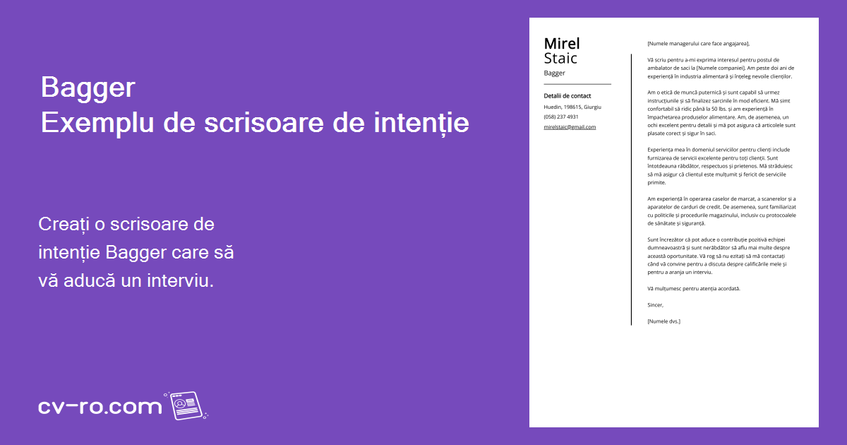 Bagger Exemplu de scrisoare de intenție pentru 2025