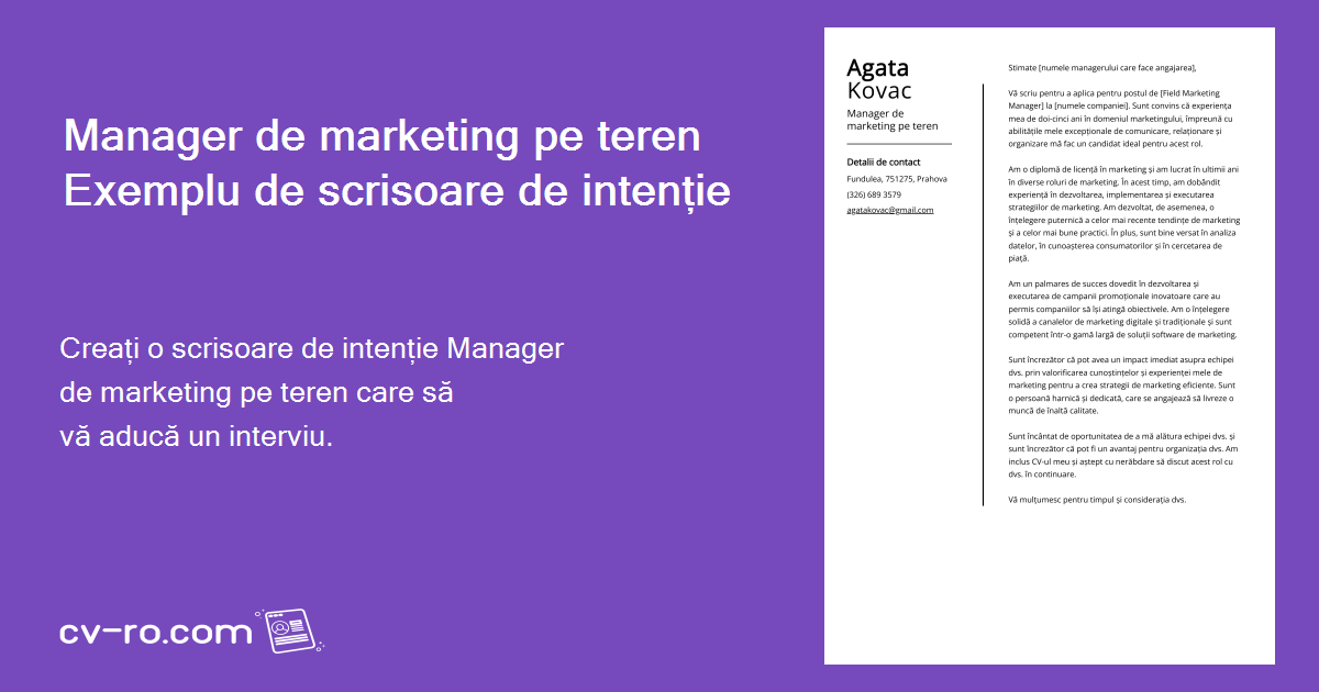 Manager de marketing pe teren Scrisoare de intenție: Exemplu și ghid ...
